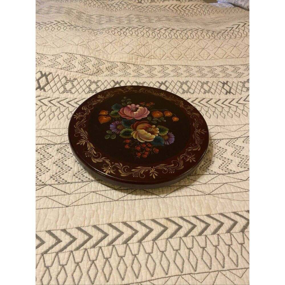 Rare Hand painted Toleware Lazy Susan Signed Ann Holt 12”